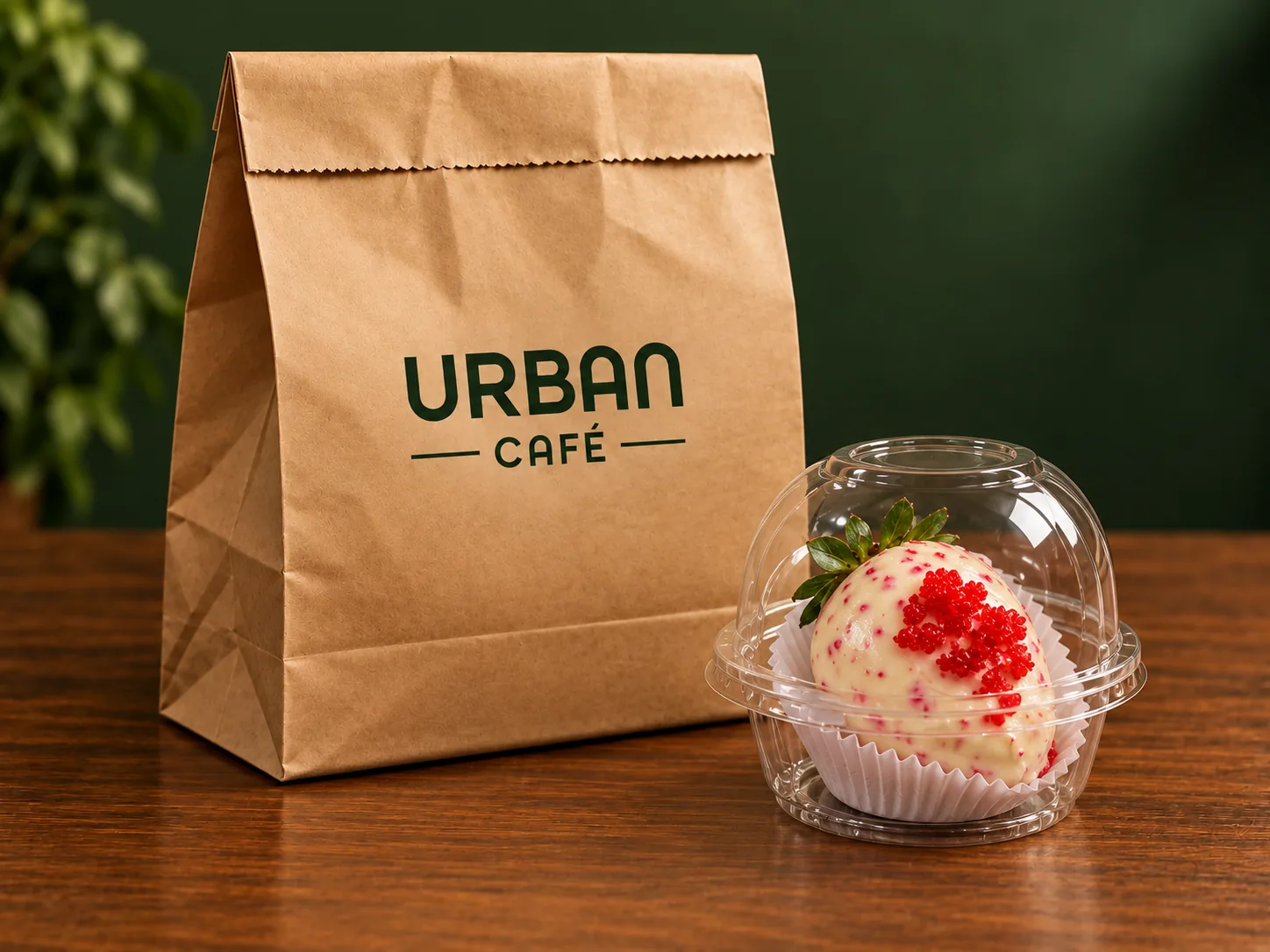 Imagem ilustrativa da embalagem: sacola Urban Café ao lado de um Morango Cravejado em forminha dentro de embalagem transparente